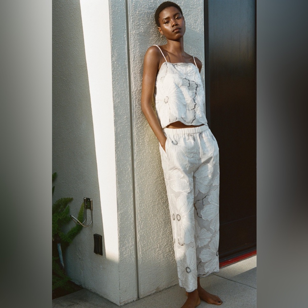 NWT Zara Embroidered Strappy Top Size L & Straight Leg Pants Size M